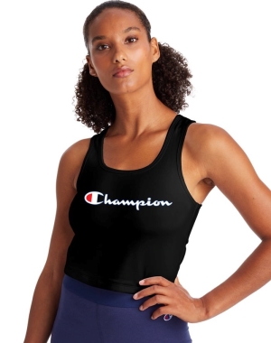 Champion Authentic Crop Script Logo Kadın Tişört Siyah | KQ8406593
