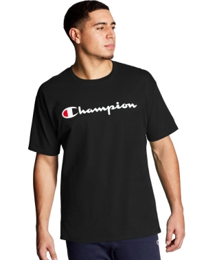 Champion Baskılı Jersey Script Logo Erkek Tişört Siyah | PO9807235