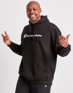 Champion Big & Uzun Fleece Script Logo Erkek Kapüşonlu Sweatshirt Siyah | NB0386245