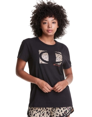Champion Boyfriend Leopard Colorblock Logo Kadın Tişört Siyah | SJ7136290