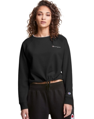 Champion Campus Fleece Cropped Crew Embroidered Script Logo Kadın Tişörtü Siyah | KU1286905