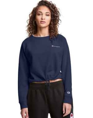Champion Campus Fleece Cropped Crew Embroidered Script Logo Kadın Tişörtü Lacivert | UG4810635