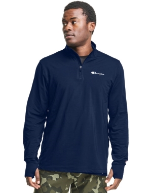 Champion City Spor 1/4 Zip Script Logo Erkek Tişörtü Lacivert | WJ4357896