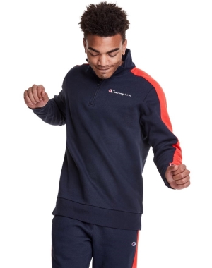 Champion Colorblock Stripe Fleece 1/4 Zip Erkek Tişörtü Lacivert Turuncu | VG5926013