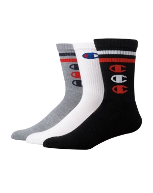 Champion Crew Triple C Logos 3 Pairs Erkek Çorap Beyaz Siyah Gri | OJ7826194