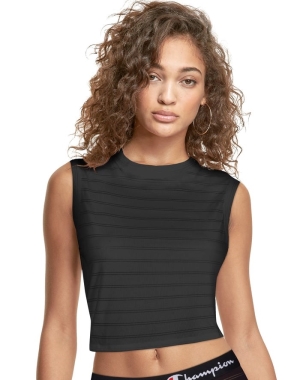 Champion Cropped Nervürlü Kadın Tişört Siyah | YI0478623