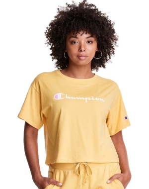 Champion Cropped Script Logo Kadın Tişört Sarı | CG5971642