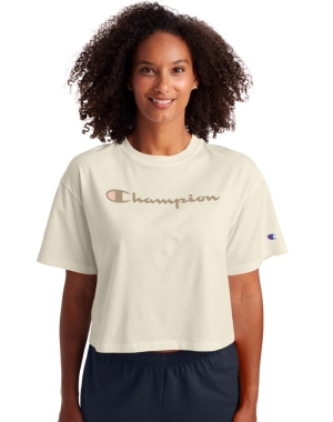 Champion Cropped Script Logo Kadın Tişört Krema | FD5023946
