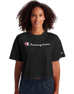 Champion Cropped Script Logo Kadın Tişört Siyah | HY1982754