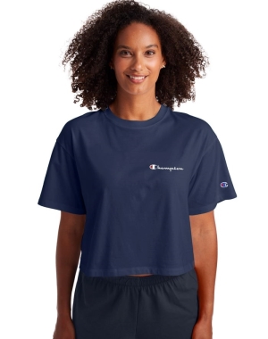 Champion Cropped Script Logo Kadın Tişört Lacivert | LX2967013