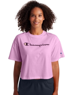 Champion Cropped Script Logo Kadın Tişört Pembe | MT8907463