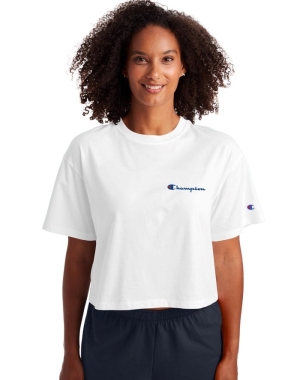 Champion Cropped Script Logo Kadın Tişört Beyaz | OE8231750