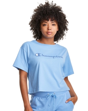 Champion Cropped Script Logo Kadın Tişört Açık Mavi | QD9241853