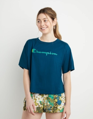 Champion Cropped Script Logo Kadın Tişört Mavi | US9708362