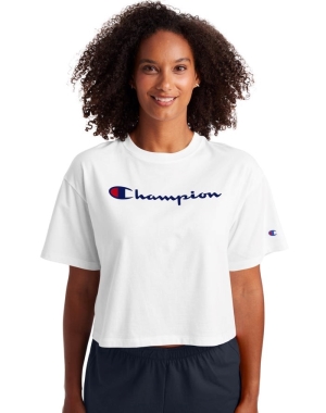 Champion Cropped Script Logo Kadın Tişört Beyaz | YK7051369