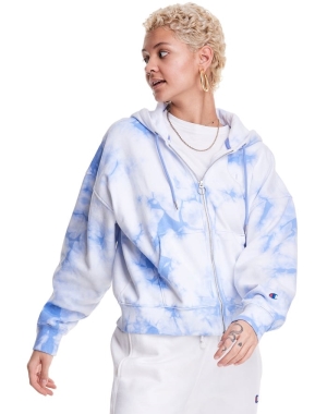 Champion Galaxy Dye Full Zip Boxy Embroidered C Logo Kadın Kapüşonlu Sweatshirt Beyaz Mavi | CM0246537