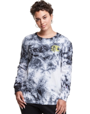 Champion Galaxy Dye Long-Sleeve Boyfriend C Flower Logo Kadın Tişört Beyaz Siyah | AU1870264