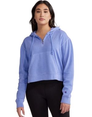 Champion Hafif Fleece 1/2 Zip Kadın Kapüşonlu Sweatshirt Mavi | EW1637459
