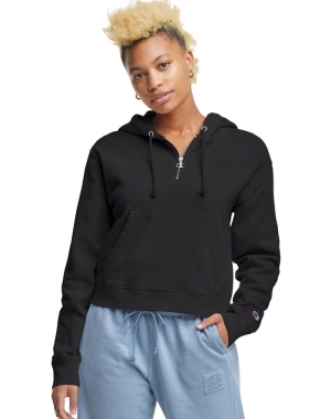 Champion Hafif Fleece 1/2 Zip Kadın Kapüşonlu Sweatshirt Siyah | FI3679408