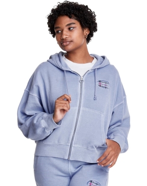 Champion Hafif Fleece Full Zip Boxy Kadın Kapüşonlu Sweatshirt Açık Mavi | PL2408197
