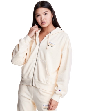 Champion Hafif Fleece Full Zip Boxy Kadın Kapüşonlu Sweatshirt Krema | RY7381450