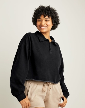 Champion Hafif Fleece Polo Cropped Kadın Tişört Siyah | NJ7234569