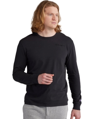 Champion Hafif Long-Sleeve Embroidered Logo Erkek Tişört Siyah | VI5394671