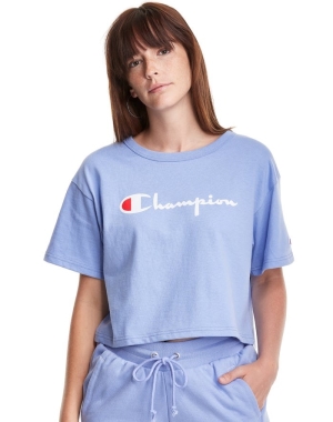 Champion Heritage Cropped Script Logo Kadın Üstler Açık Mavi | KV6012938
