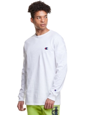 Champion Heritage Long-Sleeve Embroidered C Logo Erkek Tişört Beyaz | EI2857490