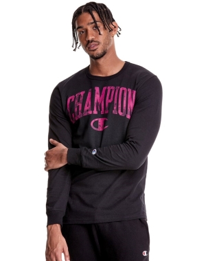 Champion Heritage Long Sleeve Galaxy Dye Arch Logo Erkek Tişört Siyah | IM0463197