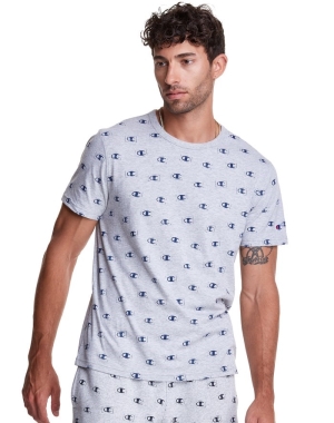 Champion Klasik All Over Logo Erkek Tişört Gri Mavi | BH3624057