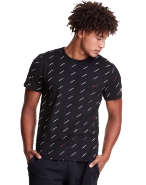 Champion Klasik All Over Logo Erkek Tişört Siyah | RD4391267