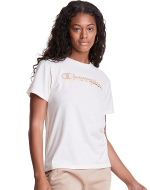 Champion Klasik Drop Shadow Foil Script Logo Kadın Tişört Beyaz | GQ3690528