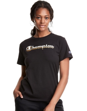 Champion Klasik Drop Shadow Foil Script Logo Kadın Tişört Siyah | RW8569321