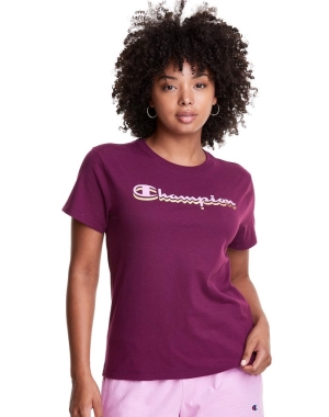 Champion Klasik Drop Shadow Foil Script Logo Kadın Tişört Koyu Mor | VY7859031