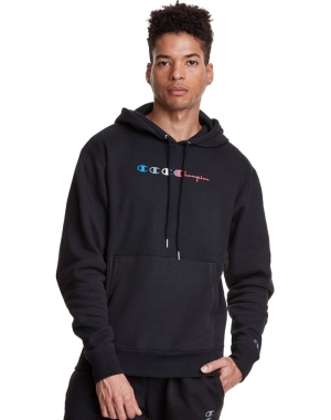 Champion Klasik Fleece Triple Logo Erkek Kapüşonlu Sweatshirt Siyah | GR6127930
