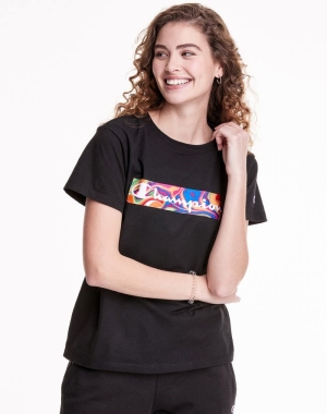 Champion Klasik Jersey Liquid Filled Block With Script Logo Kadın Tişört Siyah | JB5329760