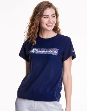 Champion Klasik Jersey Liquid Filled Block With Script Logo Kadın Tişört Lacivert | SX2714596