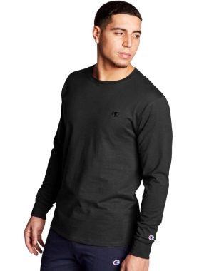 Champion Klasik Jersey Long-Sleeve C Logo Erkek Tişört Siyah | CS6725104