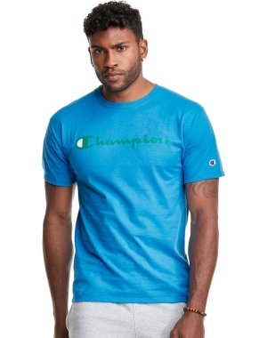 Champion Klasik Jersey Script Logo Erkek Tişört Mavi | AZ9538461