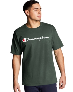 Champion Klasik Jersey Script Logo Erkek Tişört Koyu Yeşil | GC5740386