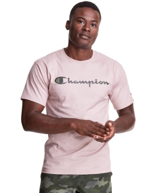 Champion Klasik Jersey Script Logo Erkek Tişört Pembe | GJ4052187