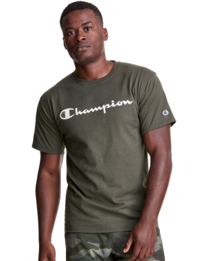 Champion Klasik Jersey Script Logo Erkek Tişört Zeytin Yeşili | JP4537812