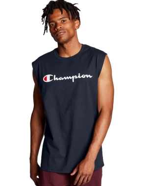 Champion Klasik Jersey Script Logo Erkek Tişört Lacivert | QK2603897