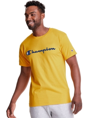 Champion Klasik Jersey Script Logo Erkek Tişört Sarı | XE4750132
