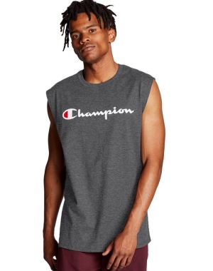 Champion Klasik Jersey Script Logo Erkek Tişört Koyu Gri | YT8357429