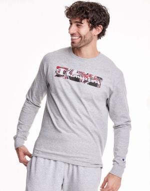 Champion Klasik Long Sleeve Jersey Liquid Filled Block Erkek Tişört Gri | JT6175398
