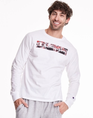 Champion Klasik Long Sleeve Jersey Liquid Filled Block Erkek Tişört Beyaz | TY5397804