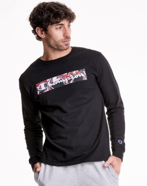 Champion Klasik Long Sleeve Jersey Liquid Filled Block Erkek Tişört Siyah | VX6972058