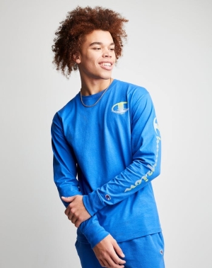 Champion Klasik Long-Sleeve Ripple Effect Erkek Tişört Mavi | EK5647238